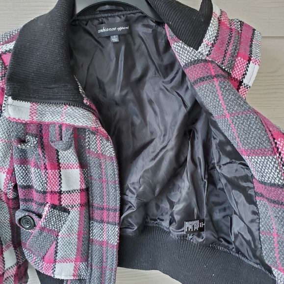 ambiance apparel Multicolored Plaid Knit Zip-up Winter Bomber Jacket Coat - Picture 7 of 16